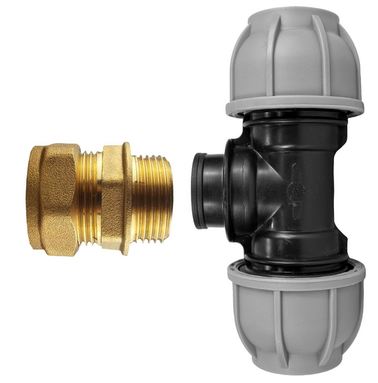 Brass Compression 15mm Straight with 20mm MDPE Tee