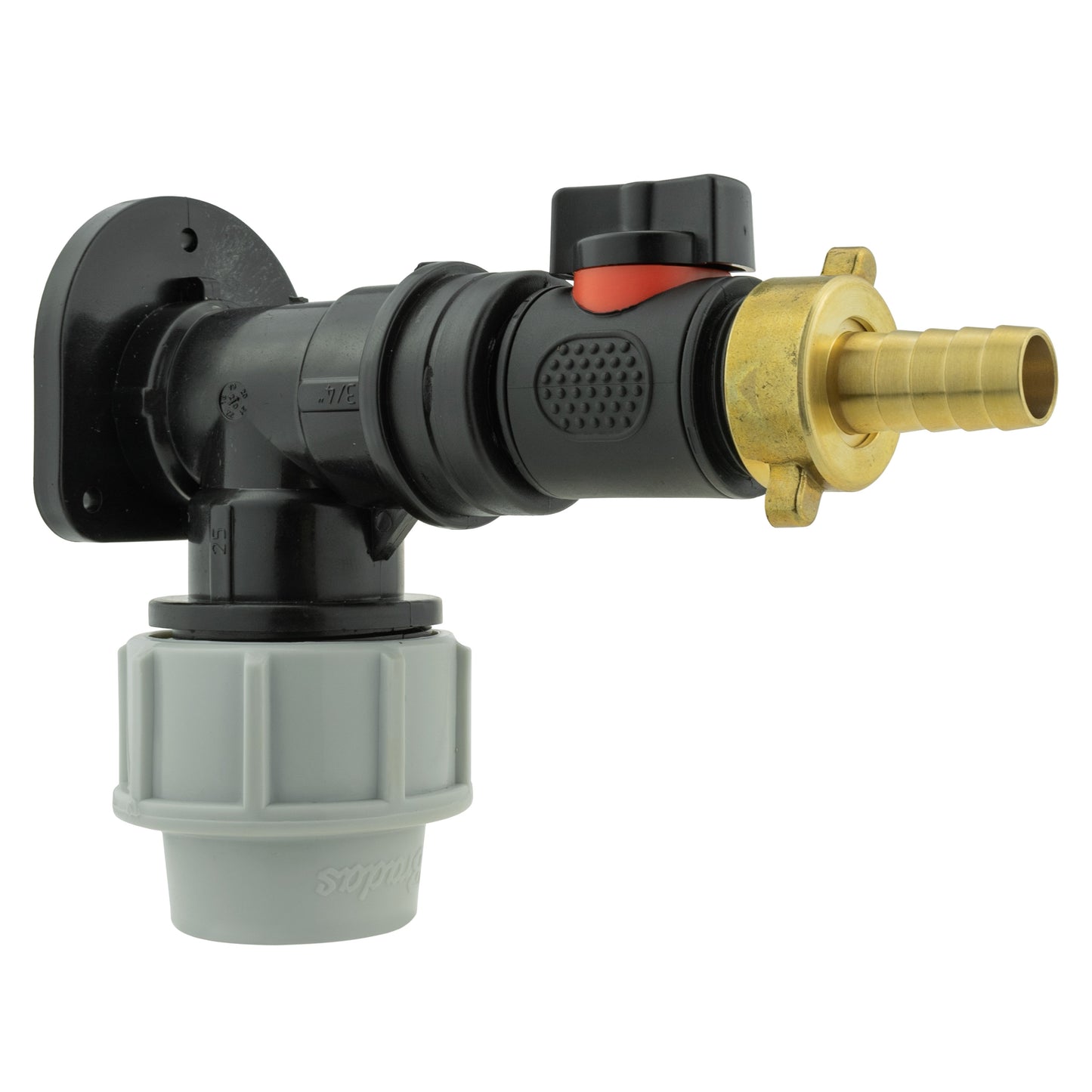 Wall Flange Kit 32mm MDPE + In-Line Valve + 13mm Brass Barb